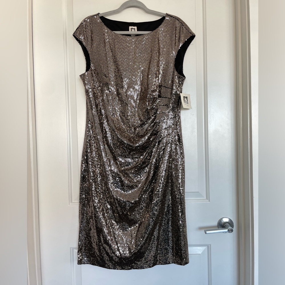 Ann Klein Ruched Stretchy Sequin Metallic Silver Midi Dress Party Glam Cap